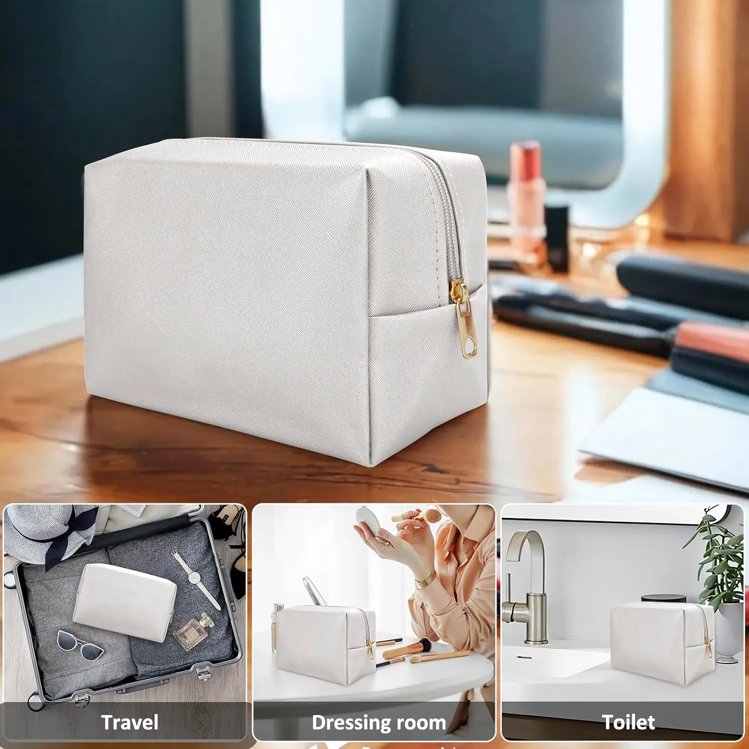 DOB SECHS PU Leather Cosmetic Bag Portable Toiletry Bag for Daily Use Cosmetic Organizer Water-resistant Make up Organizer Light Weight Travel Makeup Bag Cosmetic Pouch (White, L)