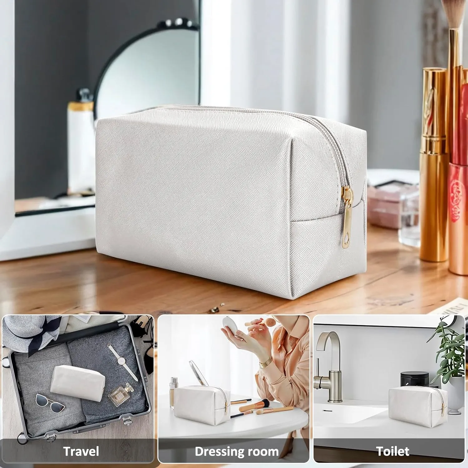 DOB SECHS PU Leather Cosmetic Bag Portable Toiletry Bag for Daily Use Cosmetic Organizer Water-resistant Make up Organizer Light Weight Travel Makeup Bag Cosmetic Pouch (White, S)