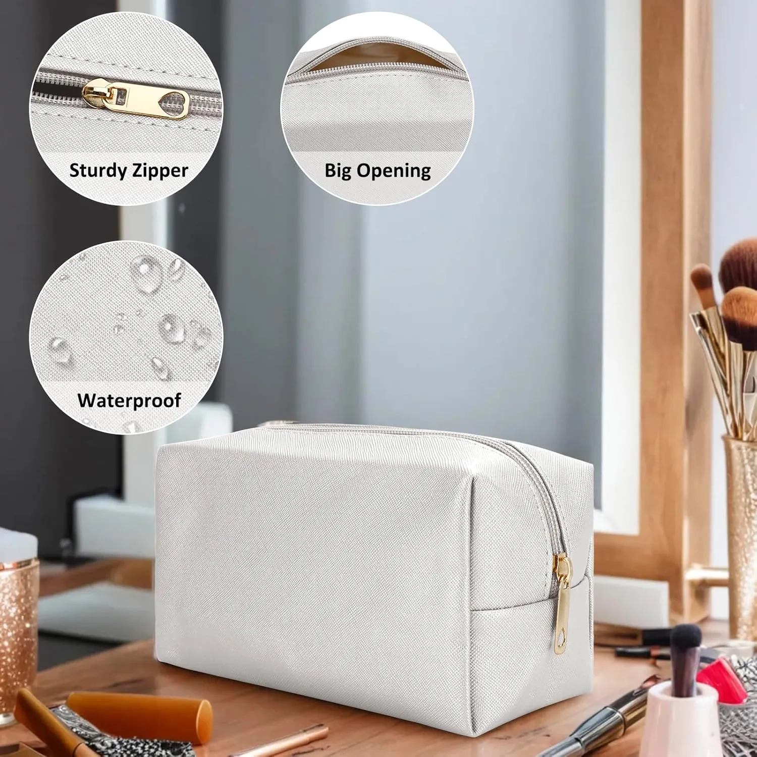 DOB SECHS PU Leather Cosmetic Bag Portable Toiletry Bag for Daily Use Cosmetic Organizer Water-resistant Make up Organizer Light Weight Travel Makeup Bag Cosmetic Pouch (White, S)