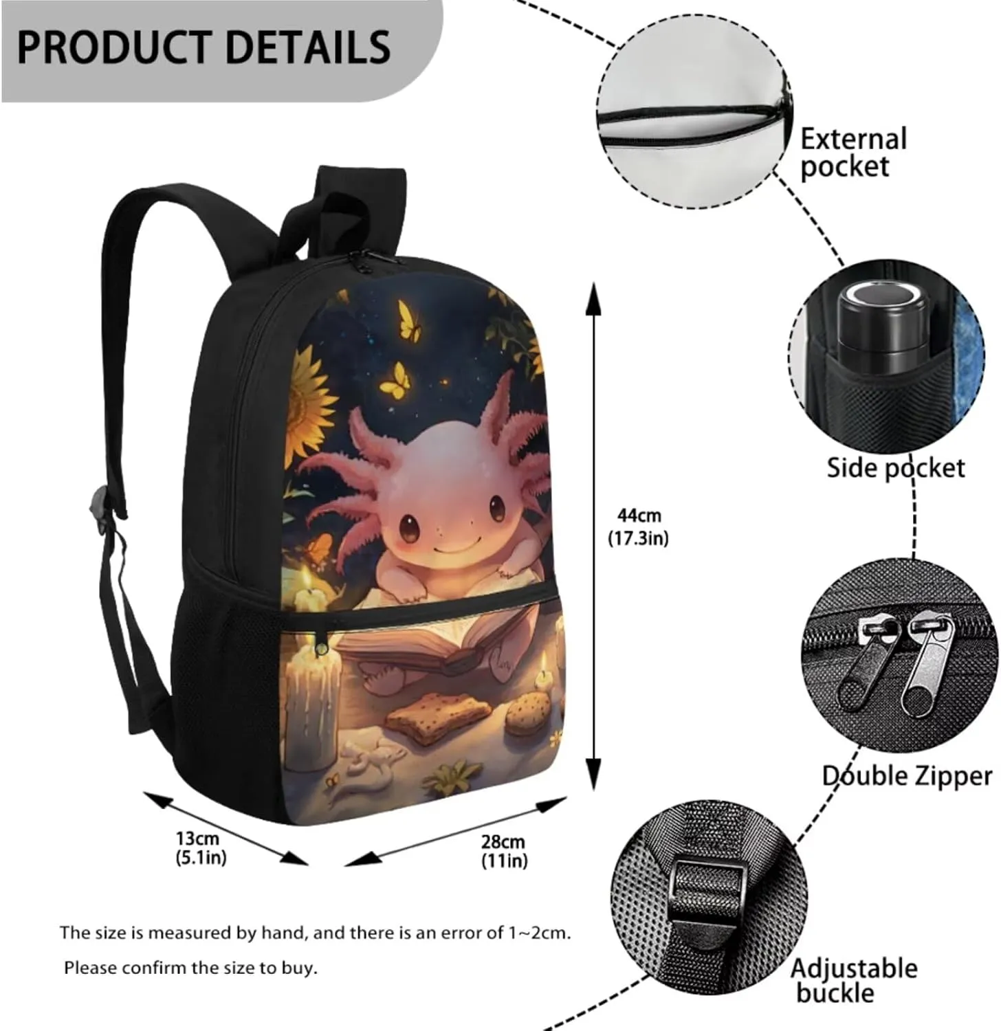 Doojoayie Axolotl Backpack and Lunch Box Set Boys School Bag 9-10 Years Cool Backpack for Girls Fashion School Supplies Light Weight & Skin-Friendly Fabric Bookbag
