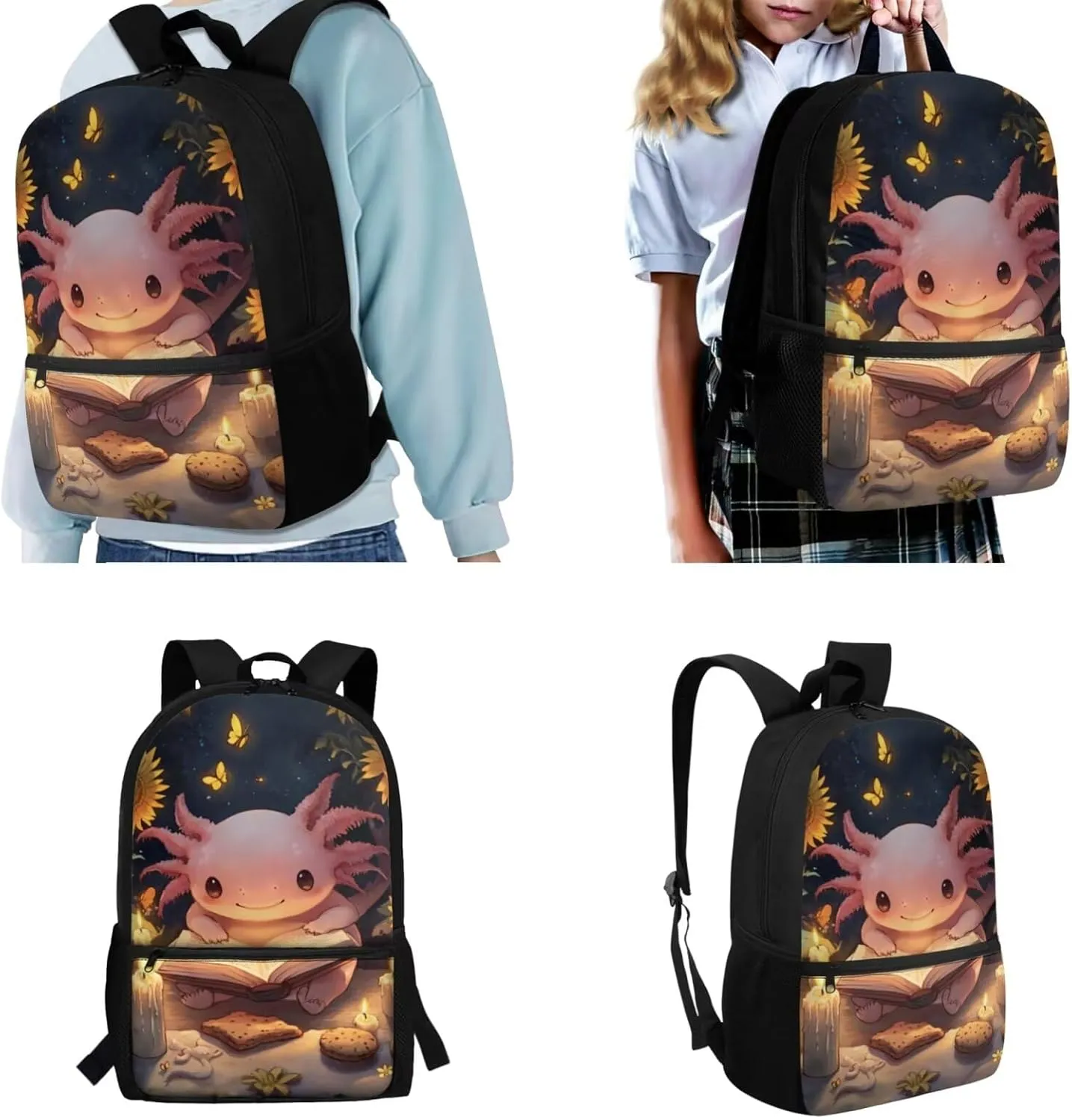 Doojoayie Axolotl Backpack and Lunch Box Set Boys School Bag 9-10 Years Cool Backpack for Girls Fashion School Supplies Light Weight & Skin-Friendly Fabric Bookbag