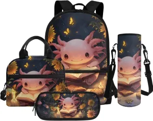 Doojoayie Axolotl Backpack and Lunch Box Set Boys School Bag 9-10 Years Cool Backpack for Girls Fashion School Supplies Light Weight & Skin-Friendly Fabric Bookbag