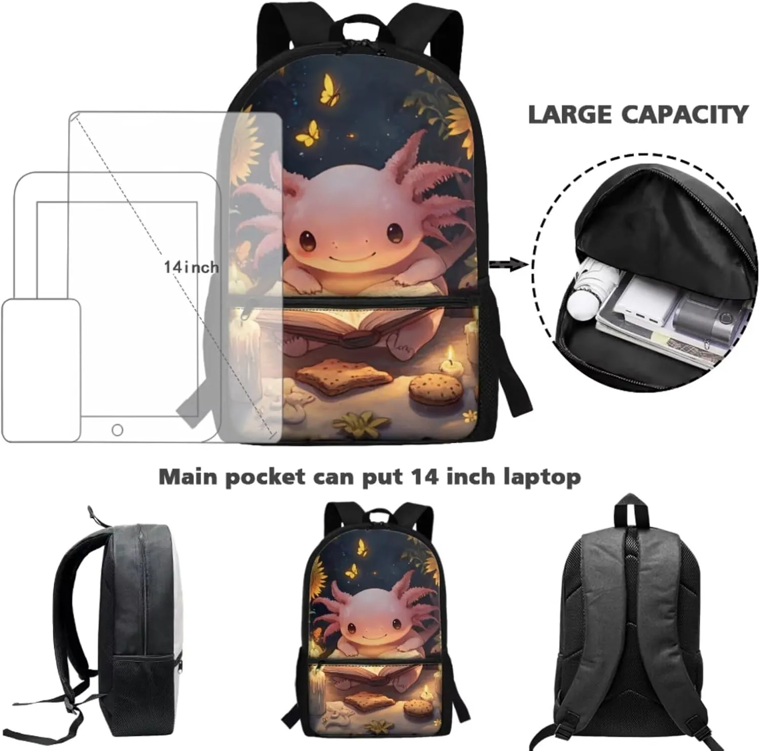 Doojoayie Axolotl Backpack and Lunch Box Set Boys School Bag 9-10 Years Cool Backpack for Girls Fashion School Supplies Light Weight & Skin-Friendly Fabric Bookbag