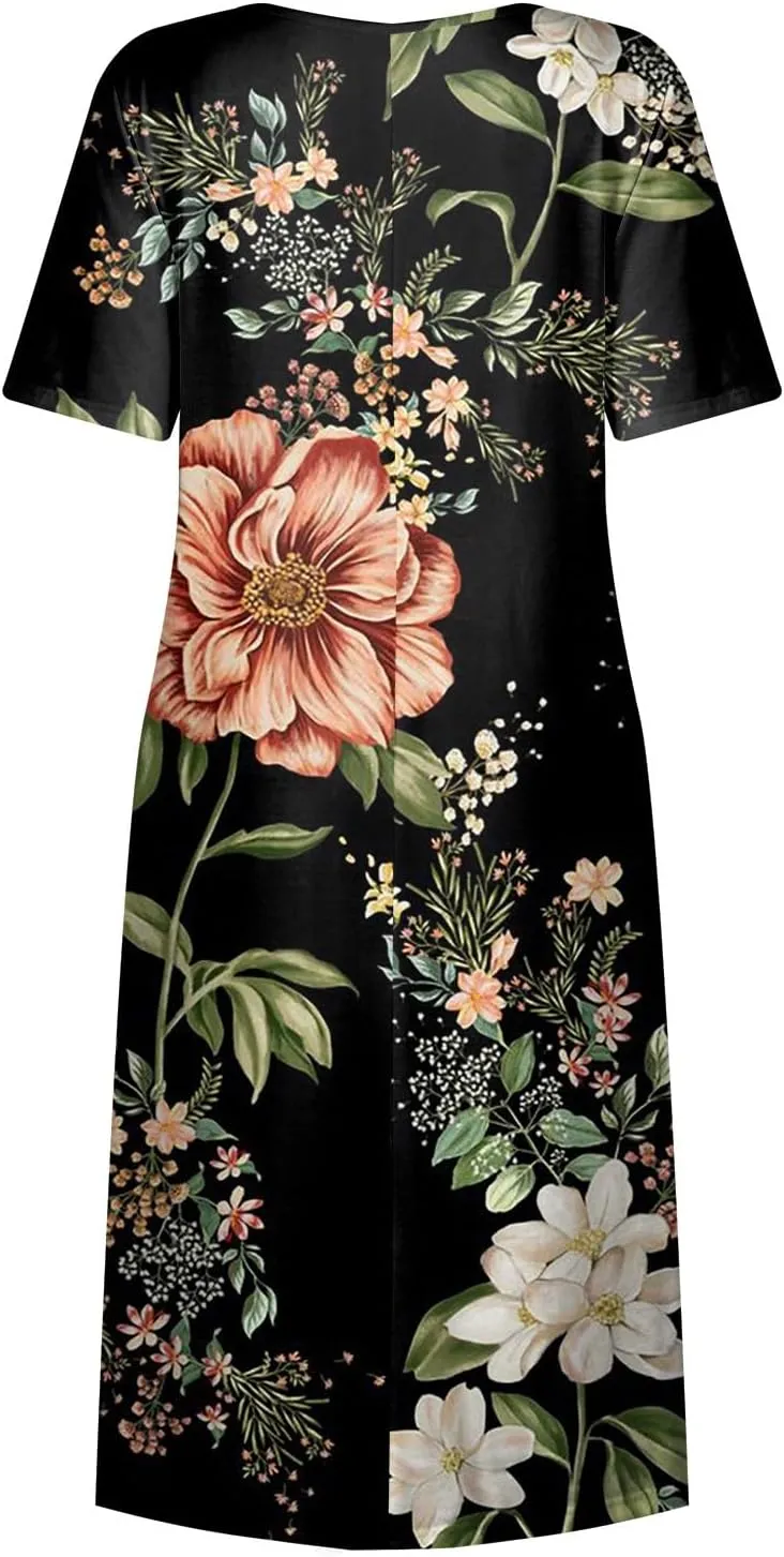 DPKLAD Summer High Waist Short Sleeve Dress for Women Soiree Beautiful Cotton Crew Neck Dresses Pocket Graphic Pullover.