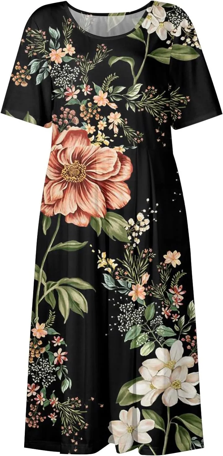 DPKLAD Summer High Waist Short Sleeve Dress for Women Soiree Beautiful Cotton Crew Neck Dresses Pocket Graphic Pullover.