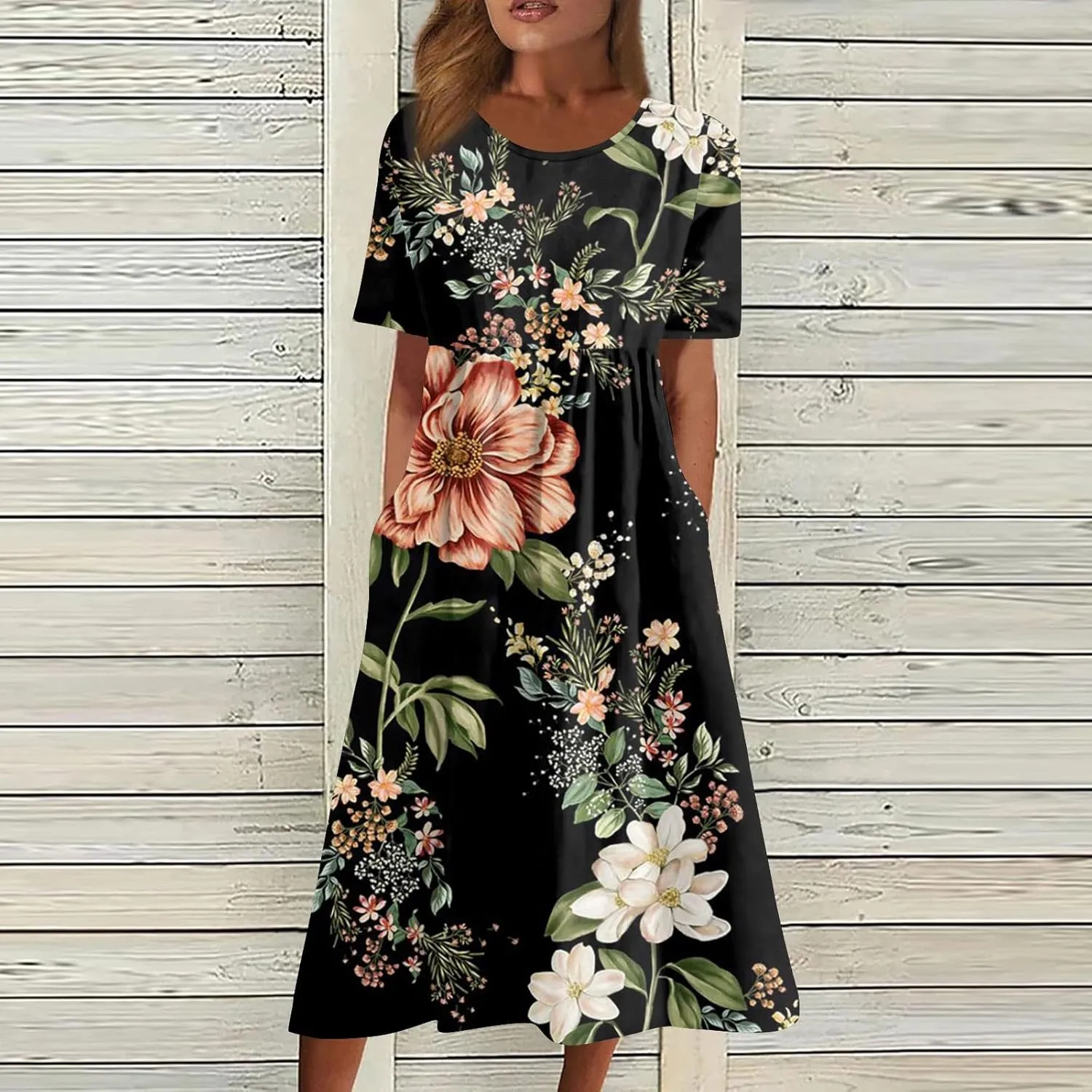 DPKLAD Summer High Waist Short Sleeve Dress for Women Soiree Beautiful Cotton Crew Neck Dresses Pocket Graphic Pullover.