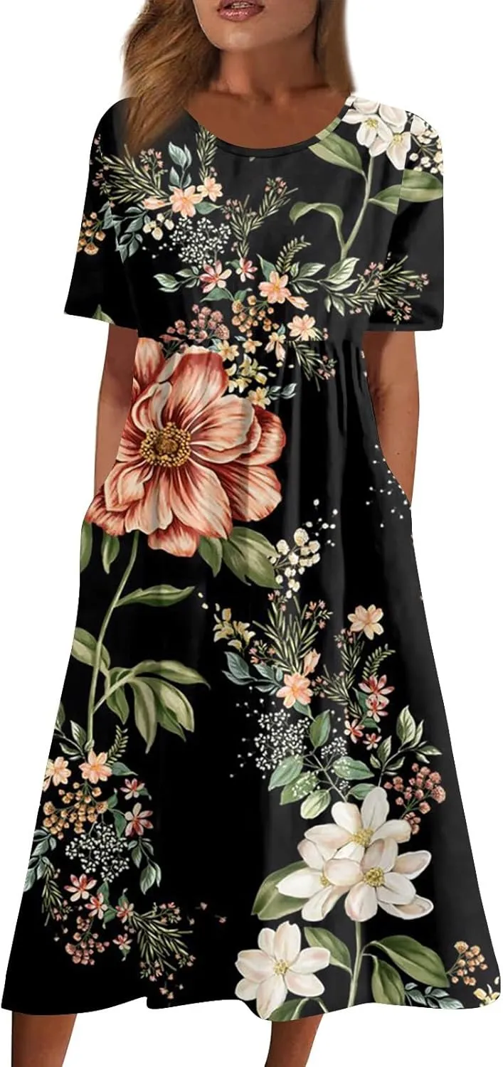 DPKLAD Summer High Waist Short Sleeve Dress for Women Soiree Beautiful Cotton Crew Neck Dresses Pocket Graphic Pullover.