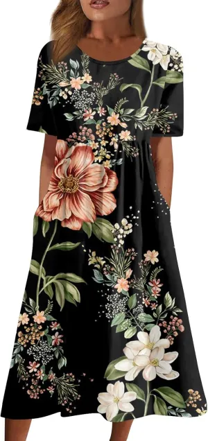 DPKLAD Summer High Waist Short Sleeve Dress for Women Soiree Beautiful Cotton Crew Neck Dresses Pocket Graphic Pullover.