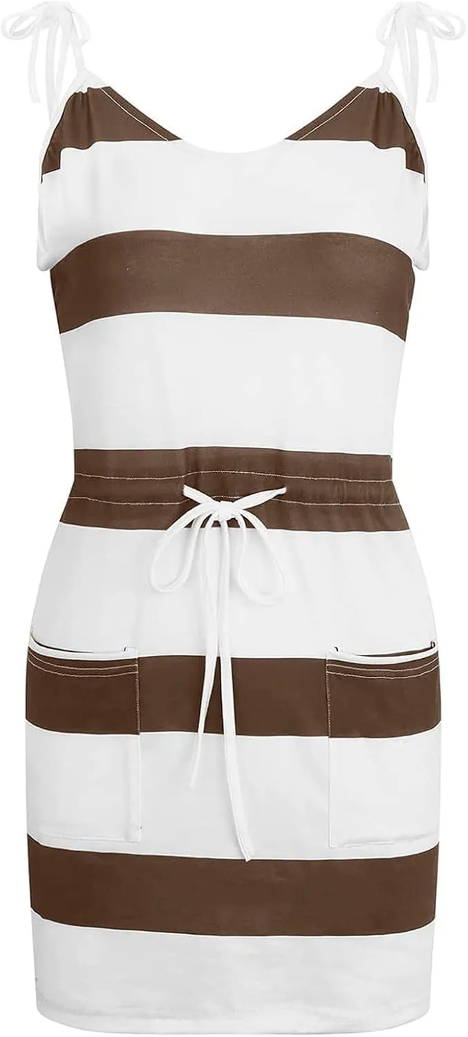 Dresses for Women 2023, Trendy Striped Beach Cover Up Boho Mini Dress Summer Casual Tunic Dress with Pockets