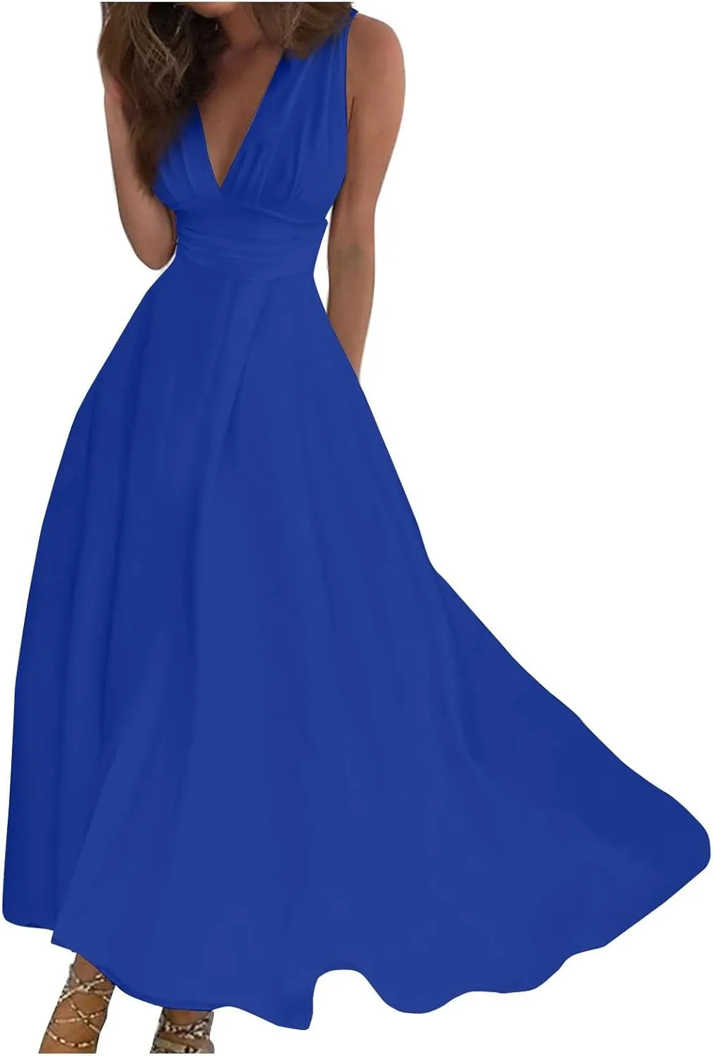 Dresses for Women 2025 Sleeveless Floral Print Sundress Wrap V Neck Flowy Ruched Boho Dress High Waist Maxi Dress