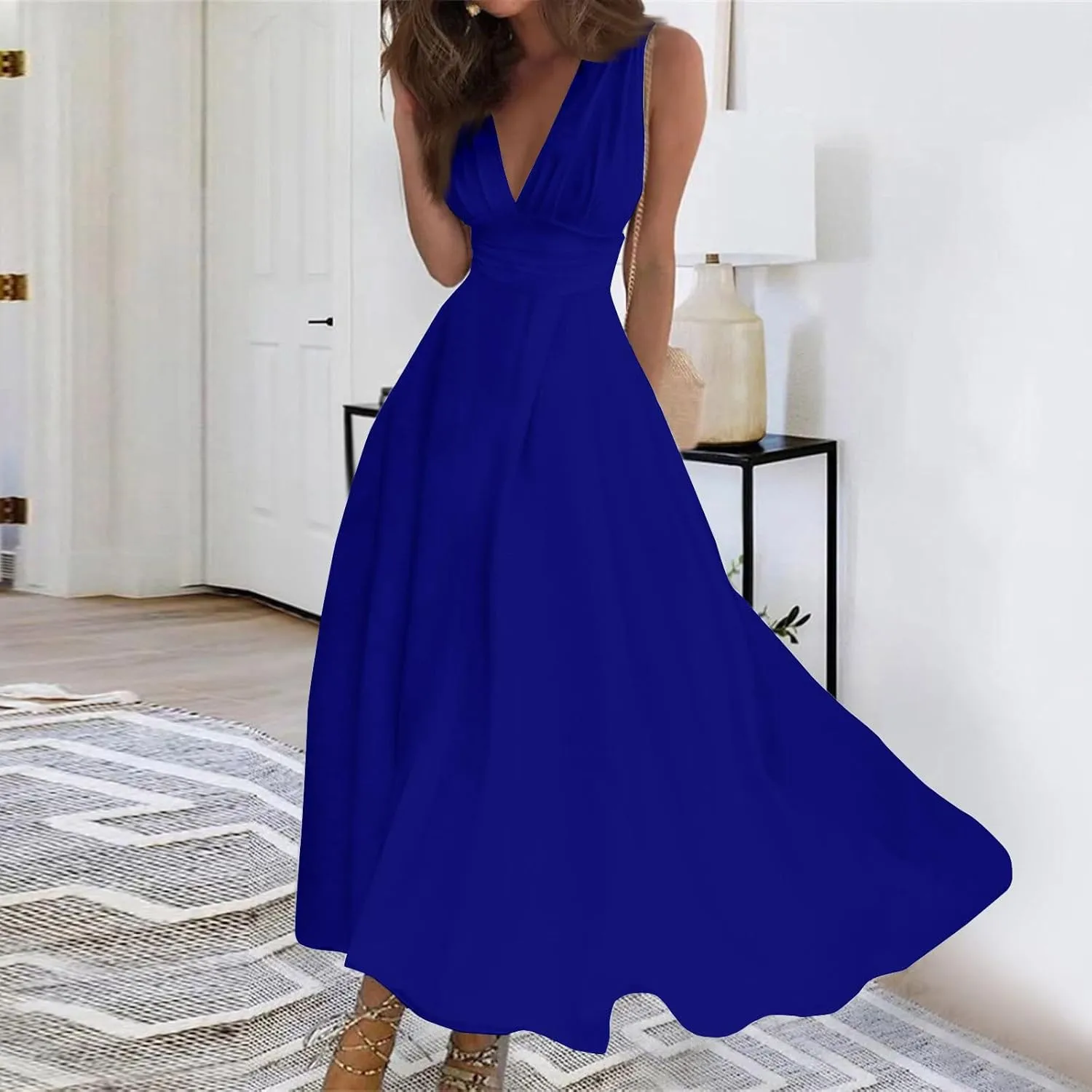 Dresses for Women 2025 Sleeveless Floral Print Sundress Wrap V Neck Flowy Ruched Boho Dress High Waist Maxi Dress