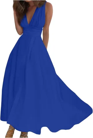 Dresses for Women 2025 Sleeveless Floral Print Sundress Wrap V Neck Flowy Ruched Boho Dress High Waist Maxi Dress