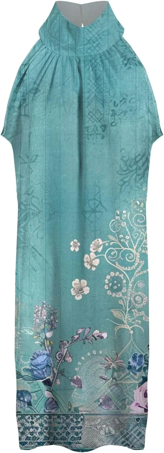 Eduavar Mini Dresses for Women Summer Sun Dresses for Women 2025 Vacation Floral Printed Hater Neck Sleeveless Ruffle Dress
