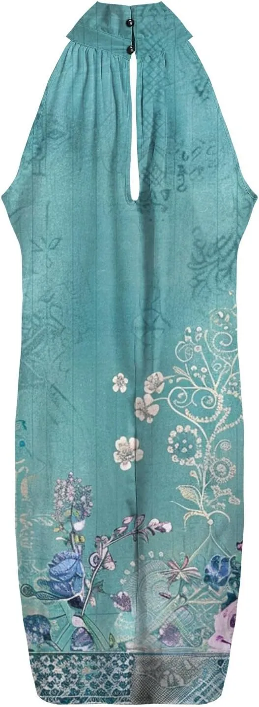 Eduavar Mini Dresses for Women Summer Sun Dresses for Women 2025 Vacation Floral Printed Hater Neck Sleeveless Ruffle Dress