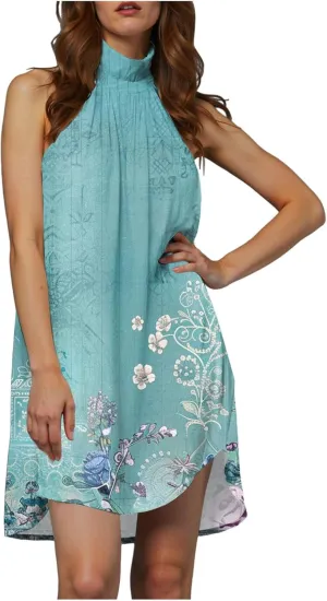 Eduavar Mini Dresses for Women Summer Sun Dresses for Women 2025 Vacation Floral Printed Hater Neck Sleeveless Ruffle Dress