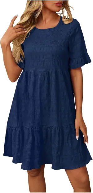 Eduavar Summer Dresses for Women 2025 Sun Dresses for Women 2025 Vacation Casual Short Sleeve Square Neck Ruffle Mini Dress
