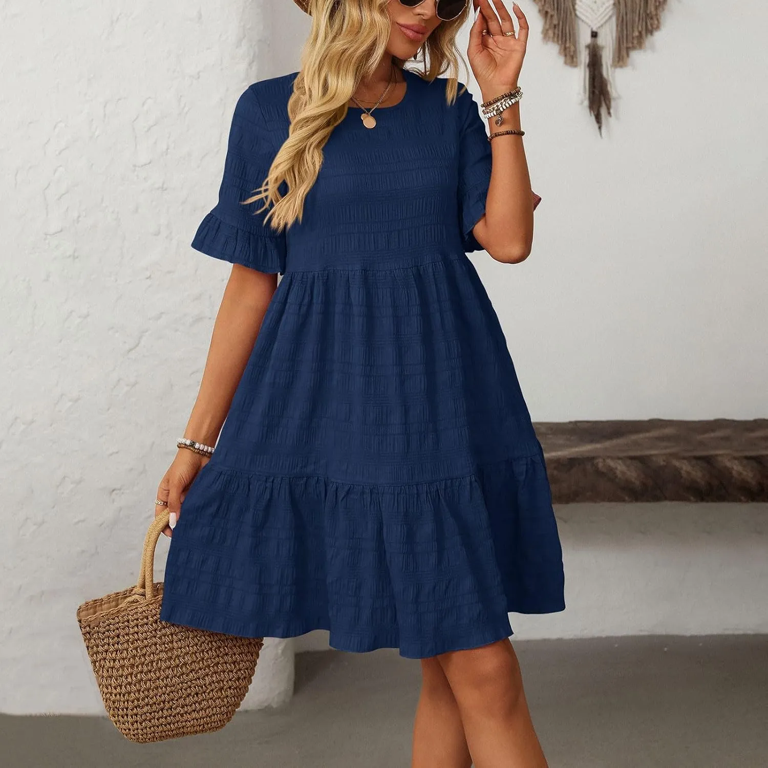 Eduavar Summer Dresses for Women 2025 Sun Dresses for Women 2025 Vacation Casual Short Sleeve Square Neck Ruffle Mini Dress