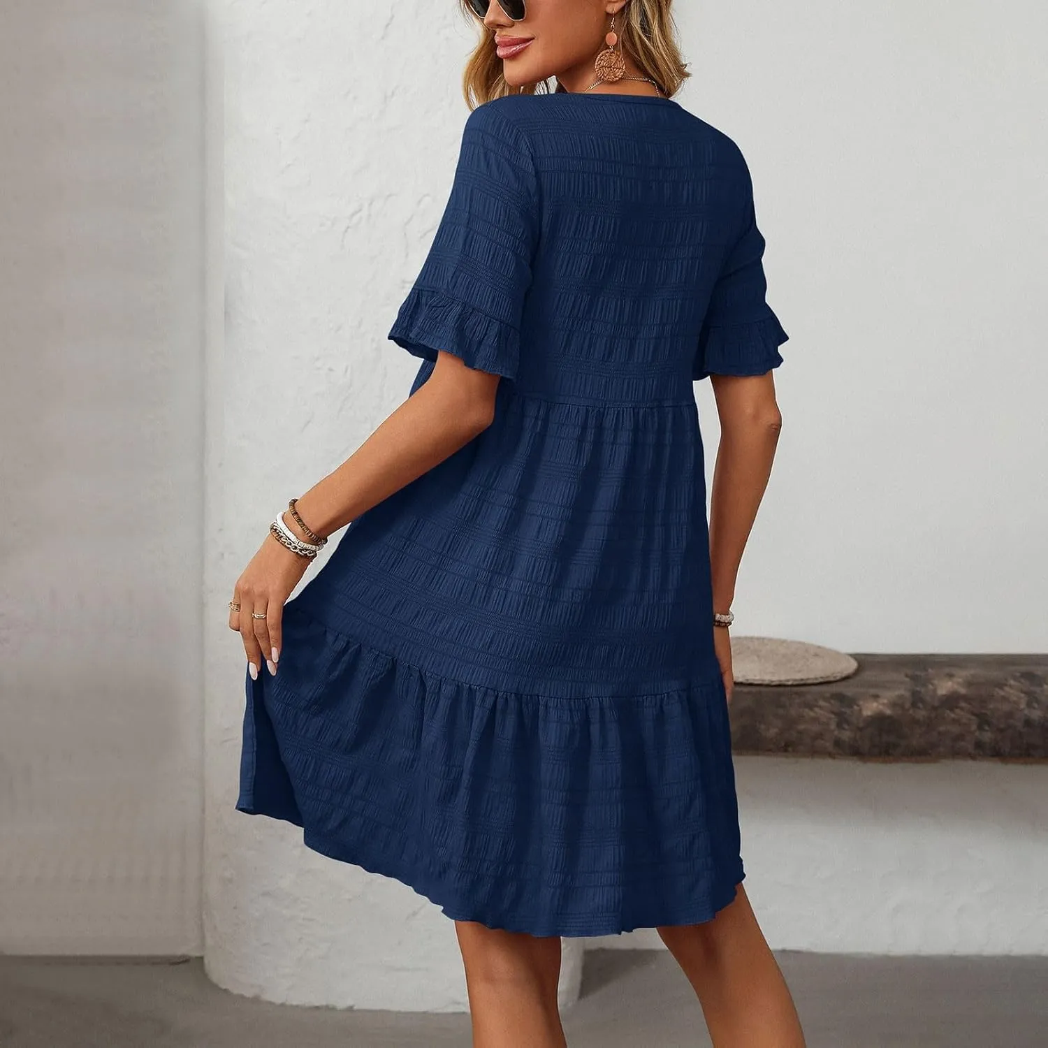 Eduavar Summer Dresses for Women 2025 Sun Dresses for Women 2025 Vacation Casual Short Sleeve Square Neck Ruffle Mini Dress
