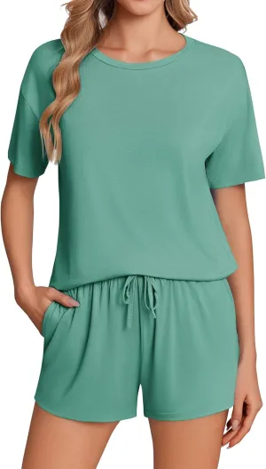 Ekouaer Pajama Set for Women Viscose from Bamboo Short Sleeve Tops and Shorts Set 2 Piece Lounge Set