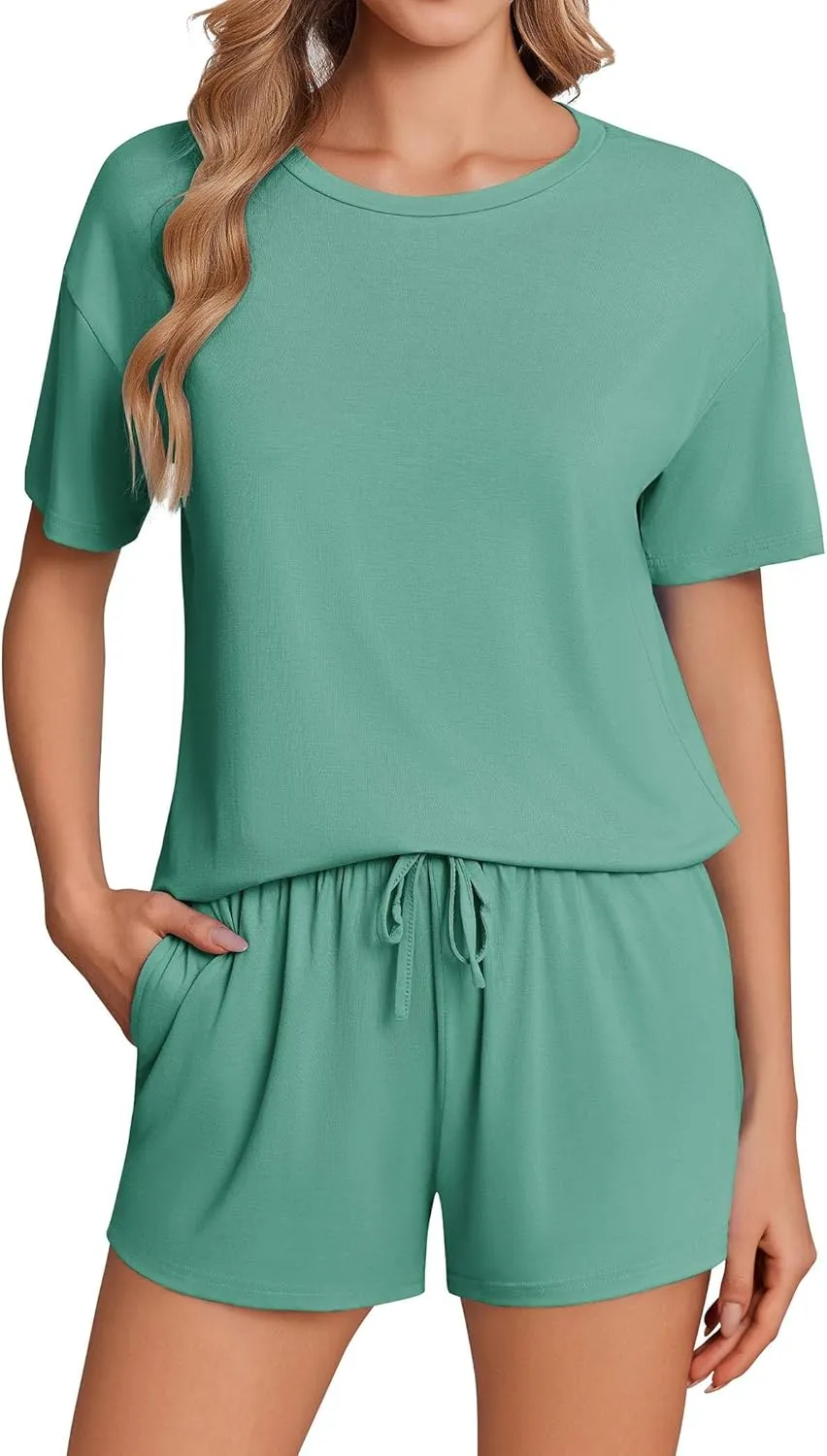 Ekouaer Pajama Set for Women Viscose from Bamboo Short Sleeve Tops and Shorts Set 2 Piece Lounge Set