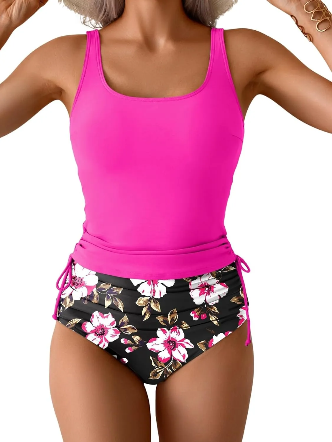Eomenie Women's Tankini Swimsuit Tummy Control Ruched Two Piece Bathing Suit Drawstring Swimwear with High Waisted Bottom