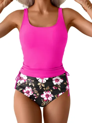 Eomenie Women's Tankini Swimsuit Tummy Control Ruched Two Piece Bathing Suit Drawstring Swimwear with High Waisted Bottom