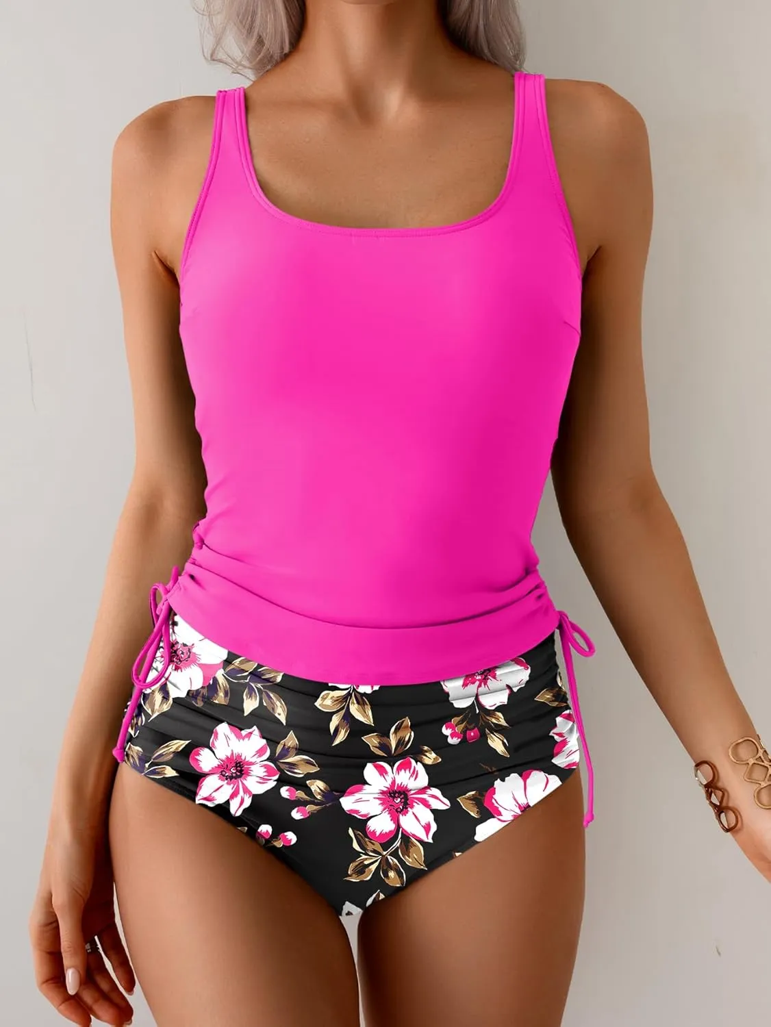 Eomenie Women's Tankini Swimsuit Tummy Control Ruched Two Piece Bathing Suit Drawstring Swimwear with High Waisted Bottom