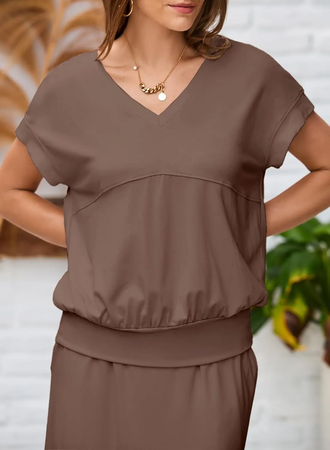 EVALESS Women's 2 Piece Sets Skirt Outfits Casual Short Sleeve Knit Tops Matching A-Line Midi Skirts Dresses Lounge Set