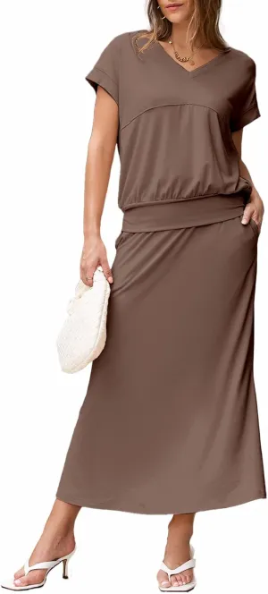 EVALESS Women's 2 Piece Sets Skirt Outfits Casual Short Sleeve Knit Tops Matching A-Line Midi Skirts Dresses Lounge Set
