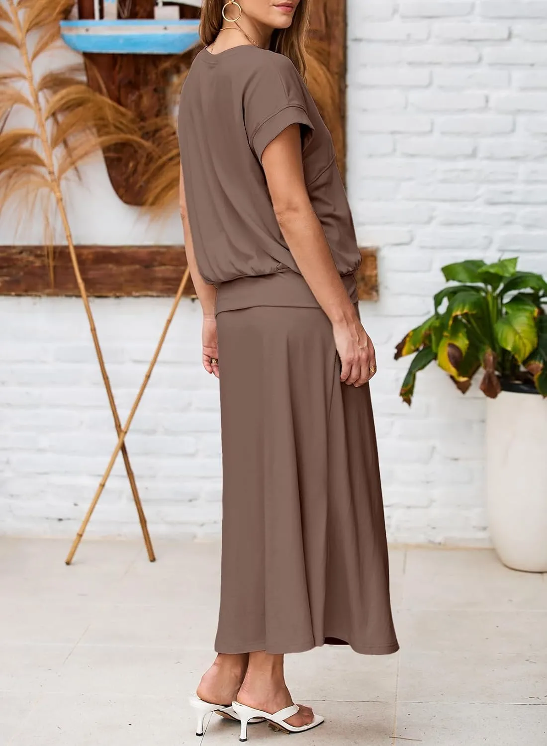 EVALESS Women's 2 Piece Sets Skirt Outfits Casual Short Sleeve Knit Tops Matching A-Line Midi Skirts Dresses Lounge Set