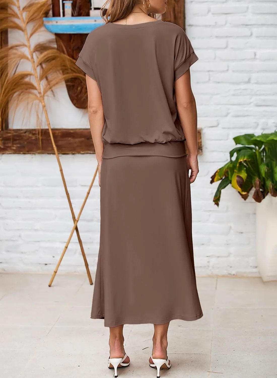 EVALESS Women's 2 Piece Sets Skirt Outfits Casual Short Sleeve Knit Tops Matching A-Line Midi Skirts Dresses Lounge Set