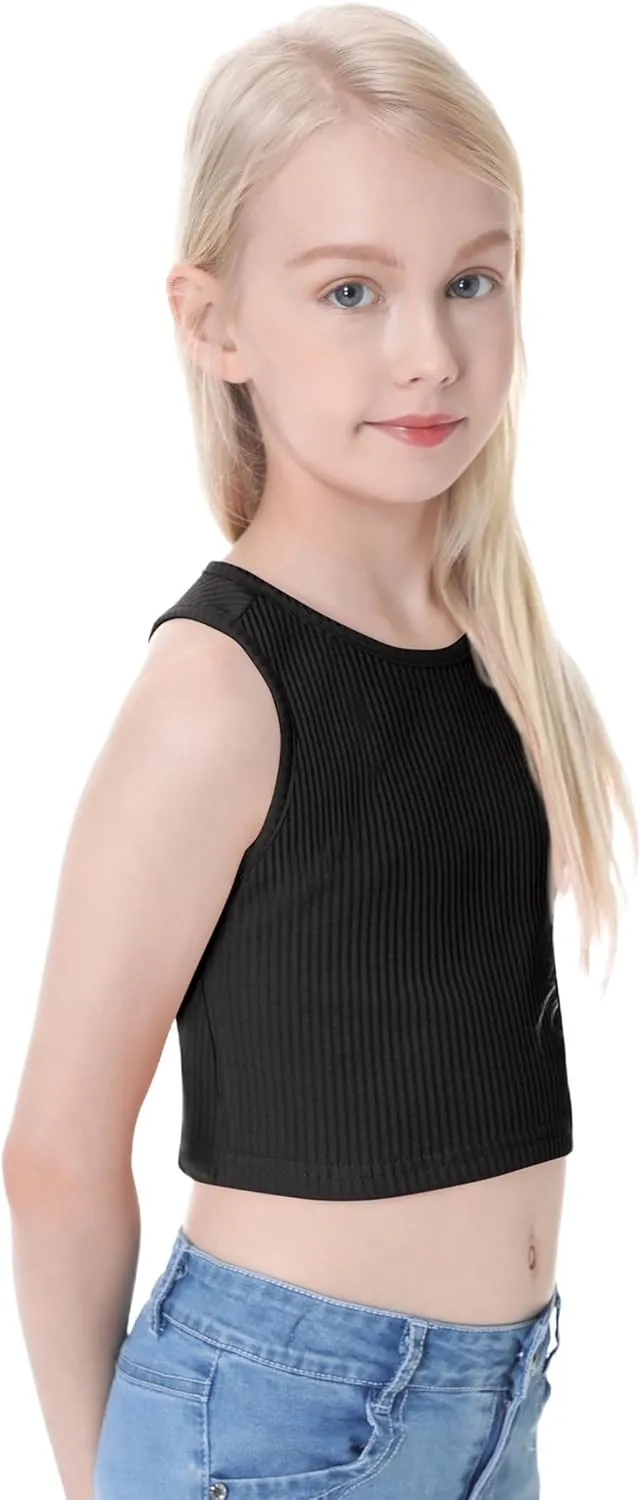 EXARUS Girl's Crop Tank Tops Dance Ribbed Knit Sleeveless Round Neck Racerback Casual Cute Cropped Top 6-12Y