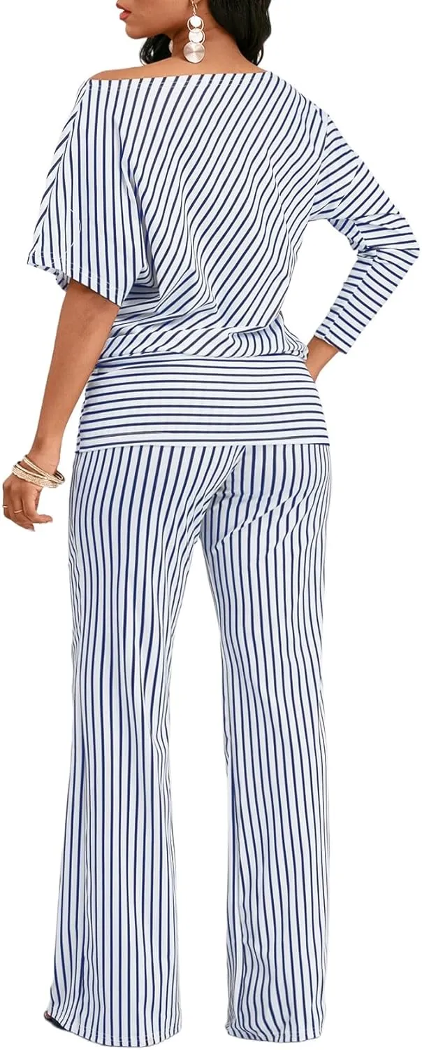 FairyLove Two Piece Sets for Women Lounge Sets Cowl Neck Tops Wide Leg Crop Pants Vacation Travel Outfits