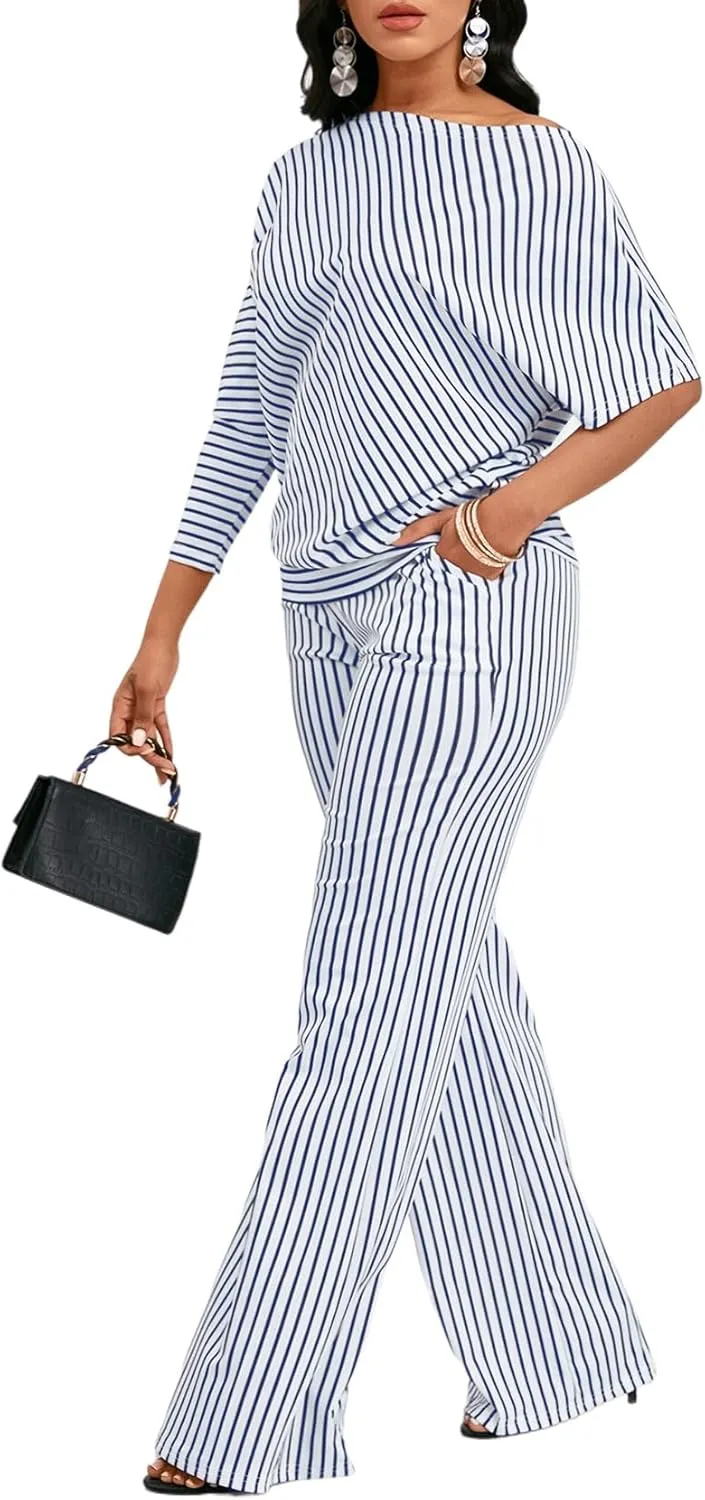 FairyLove Two Piece Sets for Women Lounge Sets Cowl Neck Tops Wide Leg Crop Pants Vacation Travel Outfits