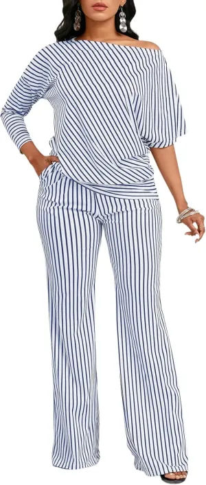 FairyLove Two Piece Sets for Women Lounge Sets Cowl Neck Tops Wide Leg Crop Pants Vacation Travel Outfits