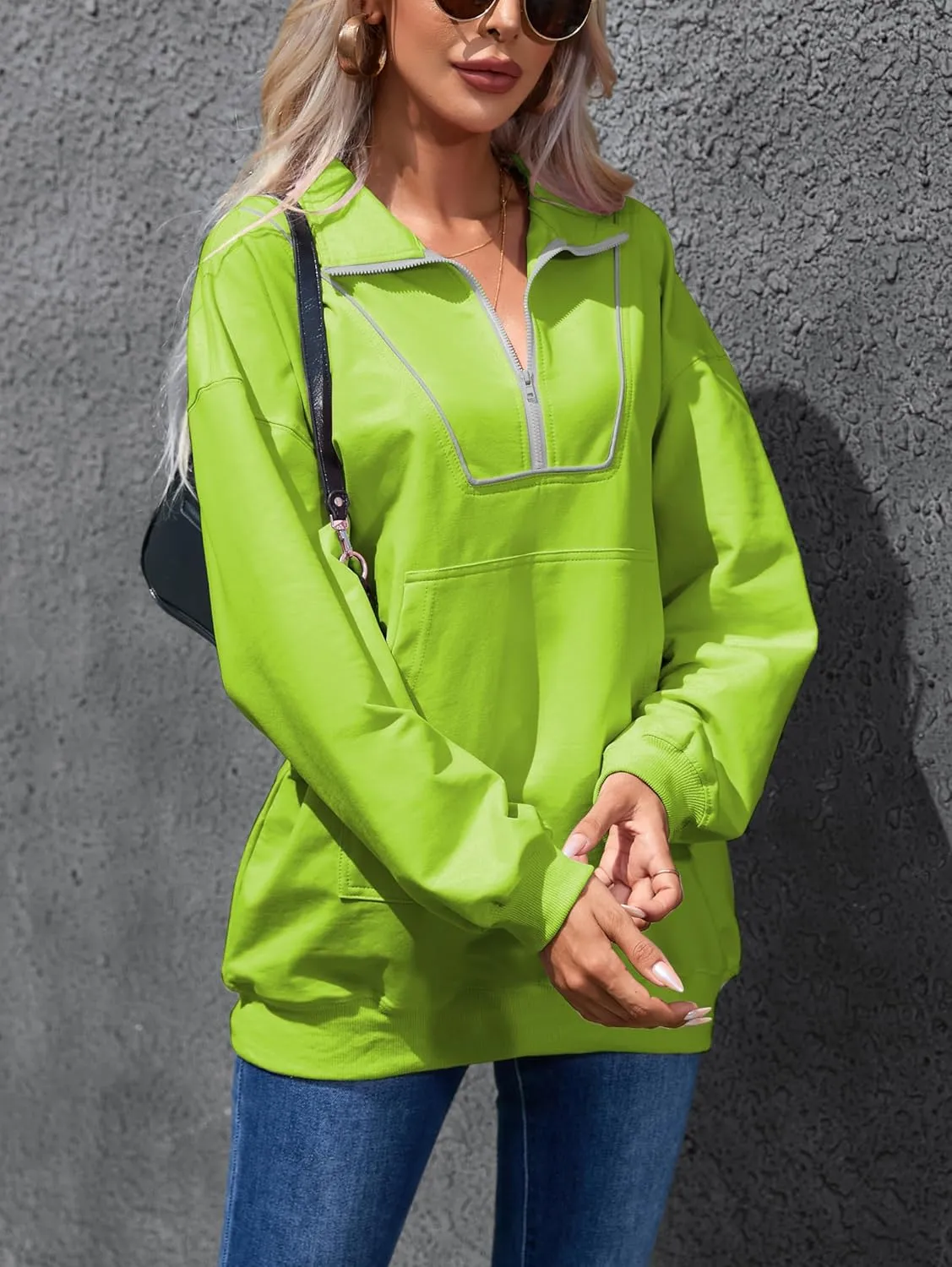 Famulily Cute Half Zipper Lapel Collar Pullover Tops Casual Drop Shoulder Contrast Color Line Sweatshirt with Kangaroo Pocket