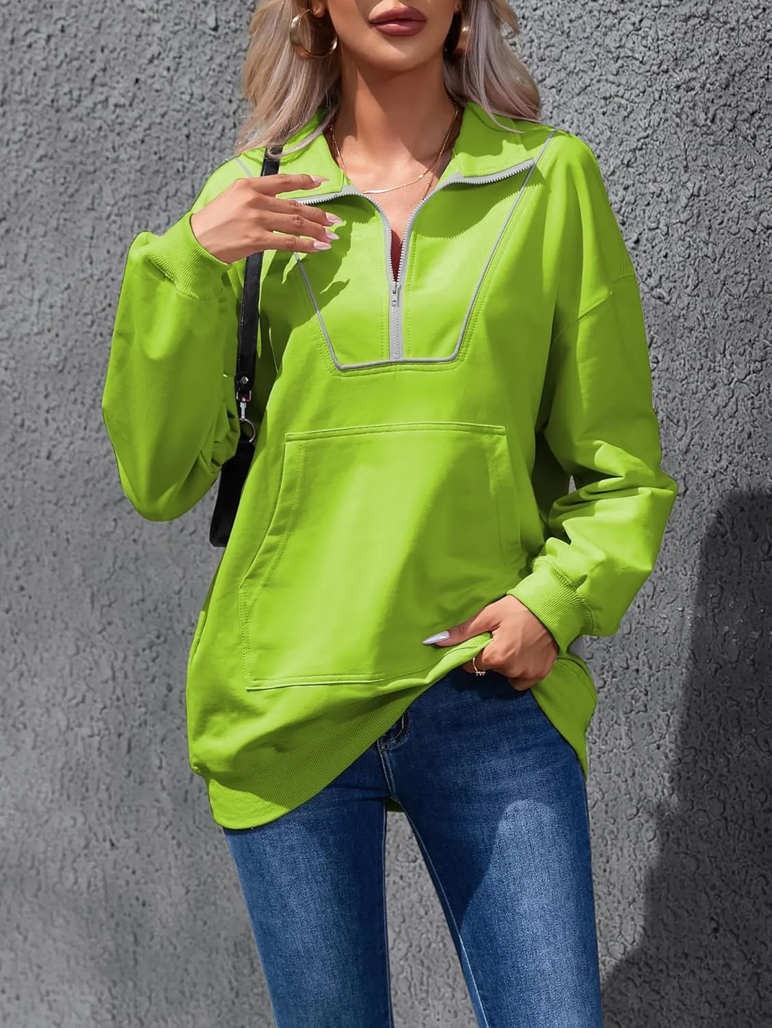 Famulily Cute Half Zipper Lapel Collar Pullover Tops Casual Drop Shoulder Contrast Color Line Sweatshirt with Kangaroo Pocket