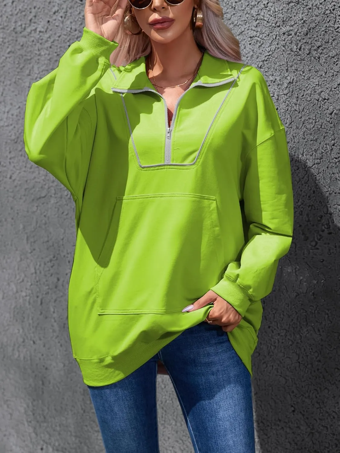 Famulily Cute Half Zipper Lapel Collar Pullover Tops Casual Drop Shoulder Contrast Color Line Sweatshirt with Kangaroo Pocket