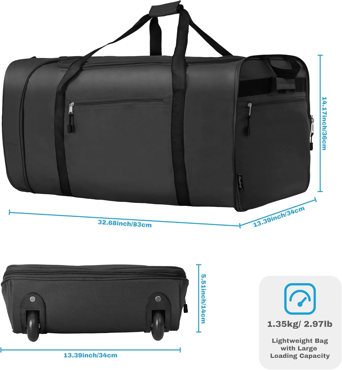 Finnhomy 100L Foldable Rolling Duffel Bag with 2 Wheels, Light Weight Travel Duffel bag with Large Loading Capacity, 32 inch Rolling Duffel bag with Shoulder Strap for Travel Camping Sports, black