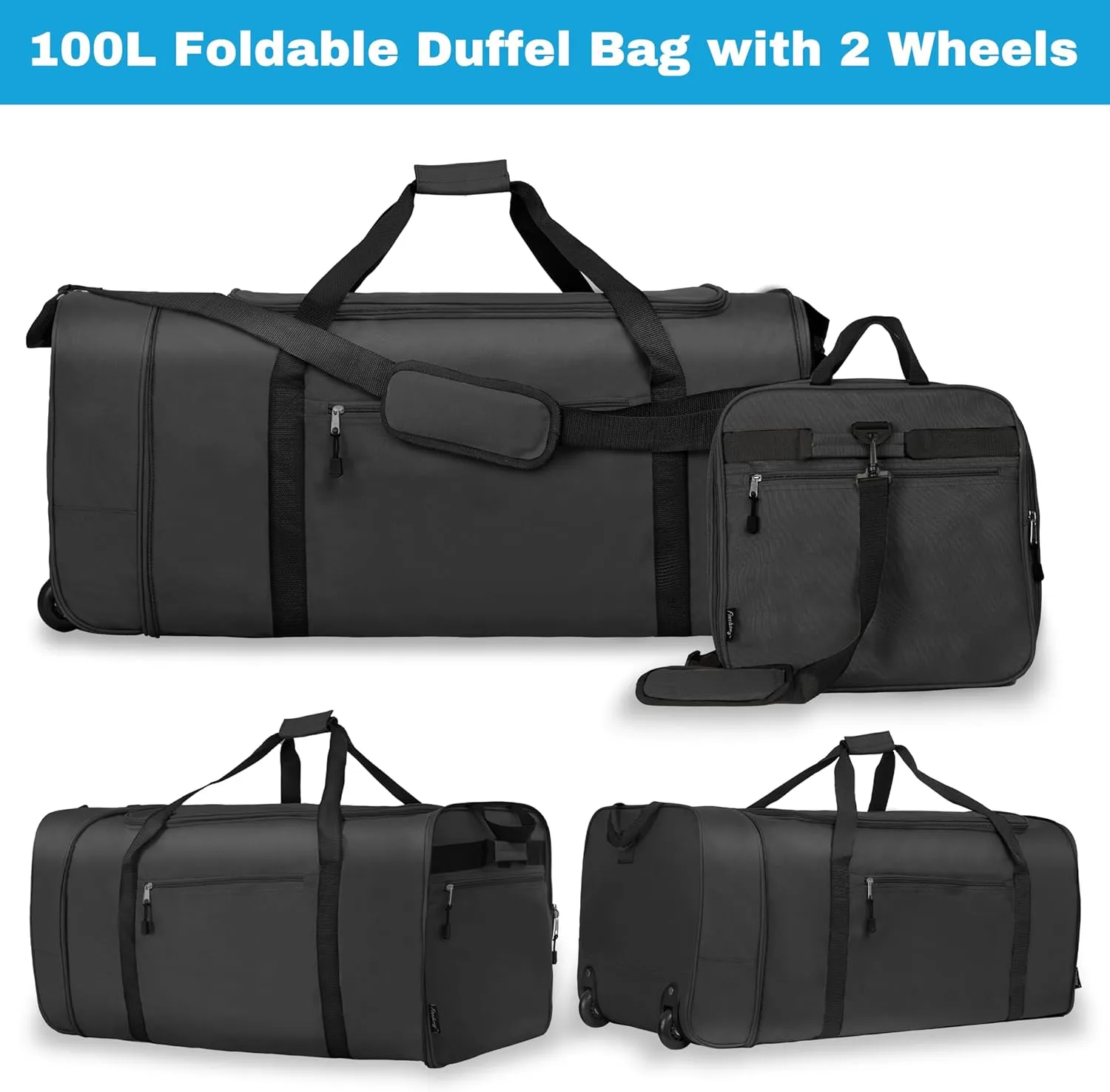 Finnhomy 100L Foldable Rolling Duffel Bag with 2 Wheels, Light Weight Travel Duffel bag with Large Loading Capacity, 32 inch Rolling Duffel bag with Shoulder Strap for Travel Camping Sports, black