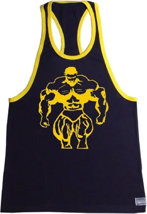 Fitted Black with Yellow Trim Bodybuilder Tank Top with Muscle Man Design in Yellow