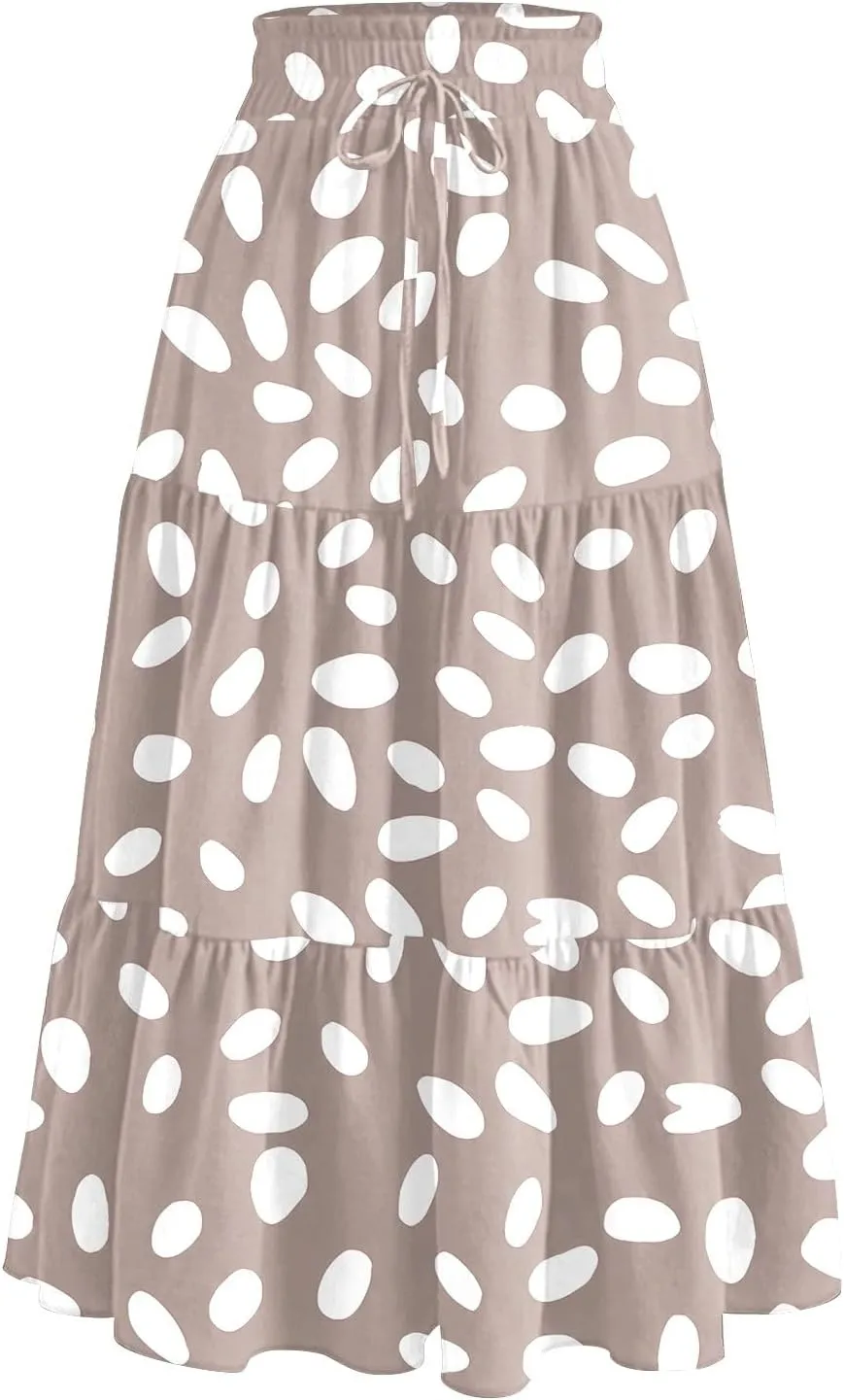 Floral Midi Skirts for Women High Waisted Knee Length Flowy Boho Skirts Casual Tiered A Line Skirt with Pockets