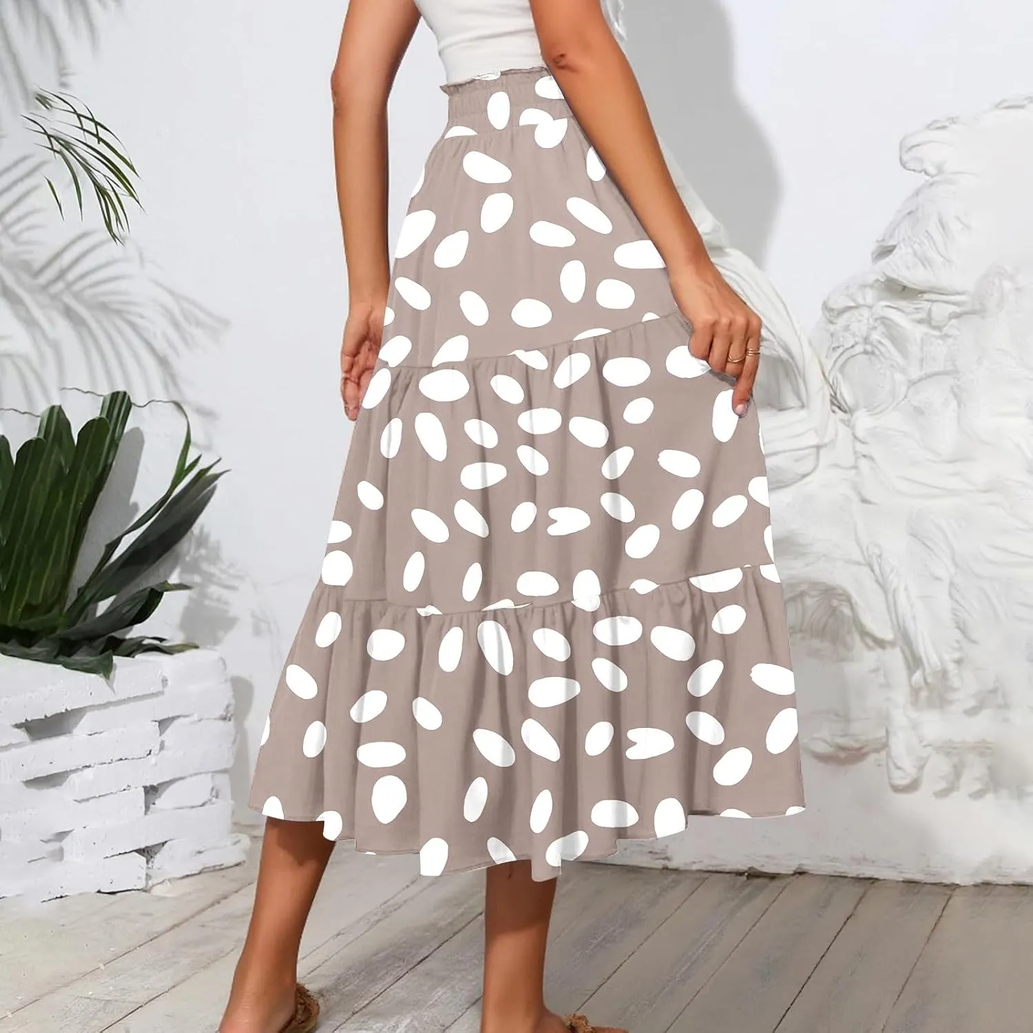 Floral Midi Skirts for Women High Waisted Knee Length Flowy Boho Skirts Casual Tiered A Line Skirt with Pockets