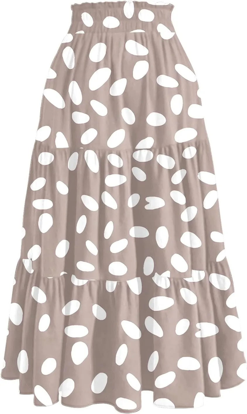 Floral Midi Skirts for Women High Waisted Knee Length Flowy Boho Skirts Casual Tiered A Line Skirt with Pockets