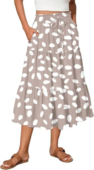 Floral Midi Skirts for Women High Waisted Knee Length Flowy Boho Skirts Casual Tiered A Line Skirt with Pockets