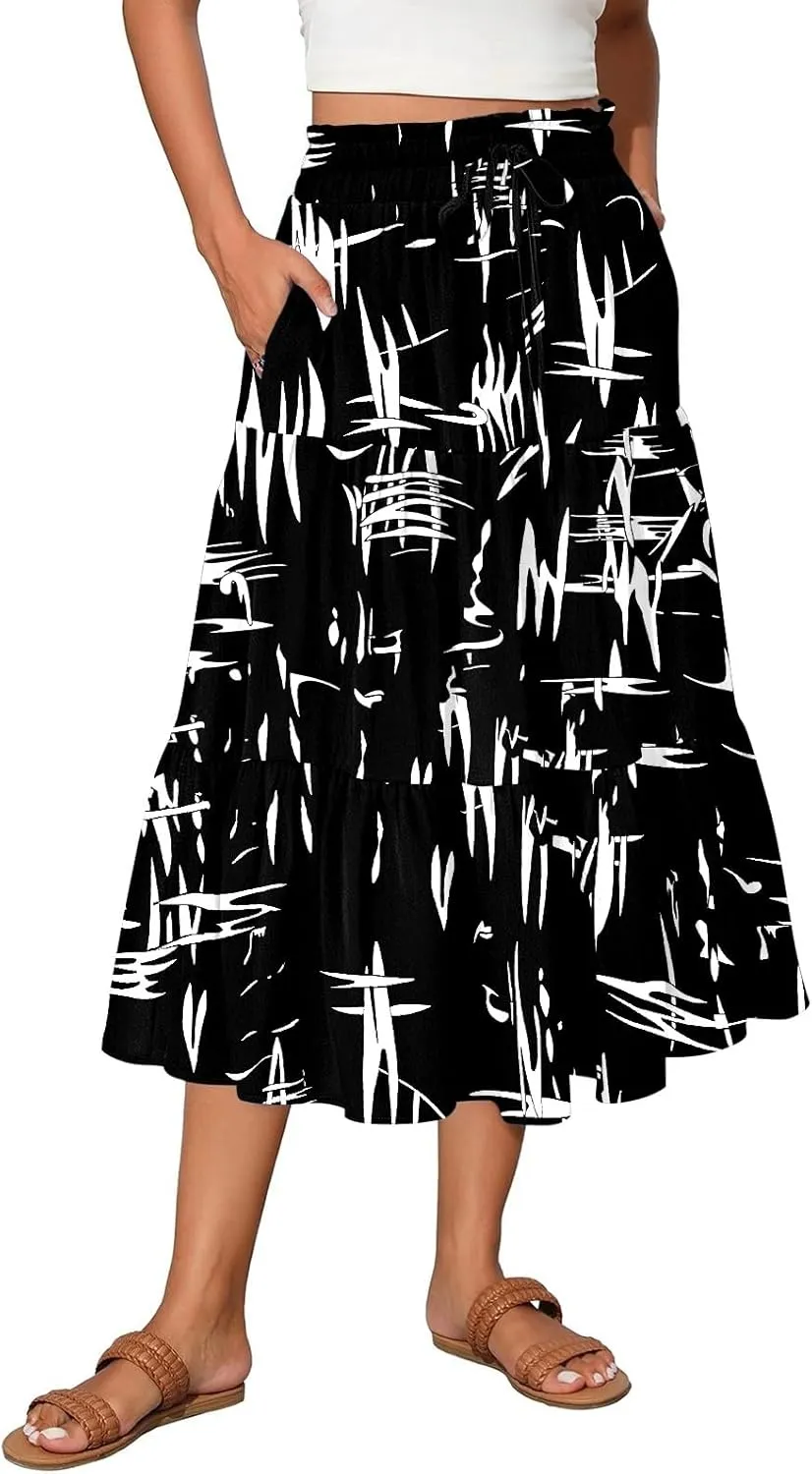 Floral Skirts for Women Trendy Knee Length High Waisted Boho Midi Skirts Cute Tiered Aline Flowy Skirt with Pockets