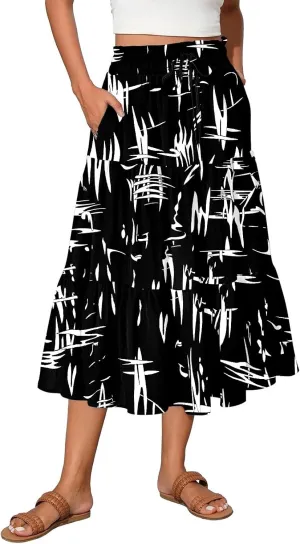 Floral Skirts for Women Trendy Knee Length High Waisted Boho Midi Skirts Cute Tiered Aline Flowy Skirt with Pockets