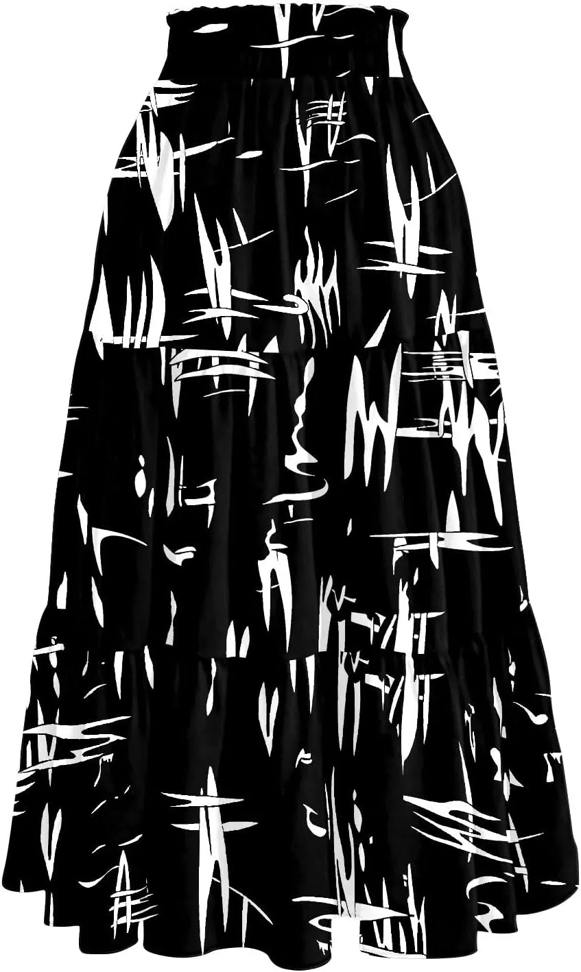 Floral Skirts for Women Trendy Knee Length High Waisted Boho Midi Skirts Cute Tiered Aline Flowy Skirt with Pockets