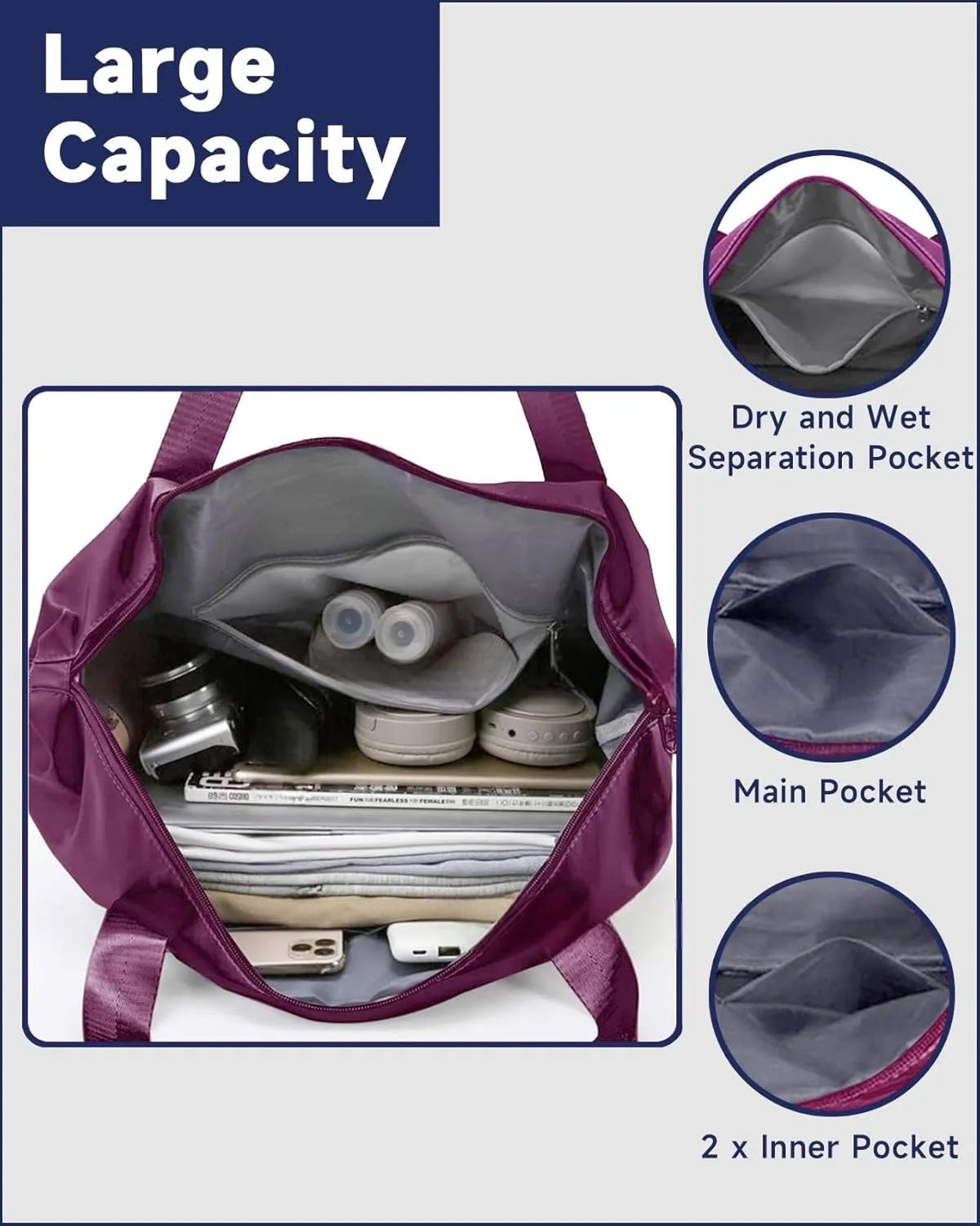 Folding Travel Bag Carry on Bags for Airplanes with Detachable Adjustable Shoulder Strap Light Weight Travel Duffle Bag for Women with Suitcase Sleeve 17x11x9 inch
