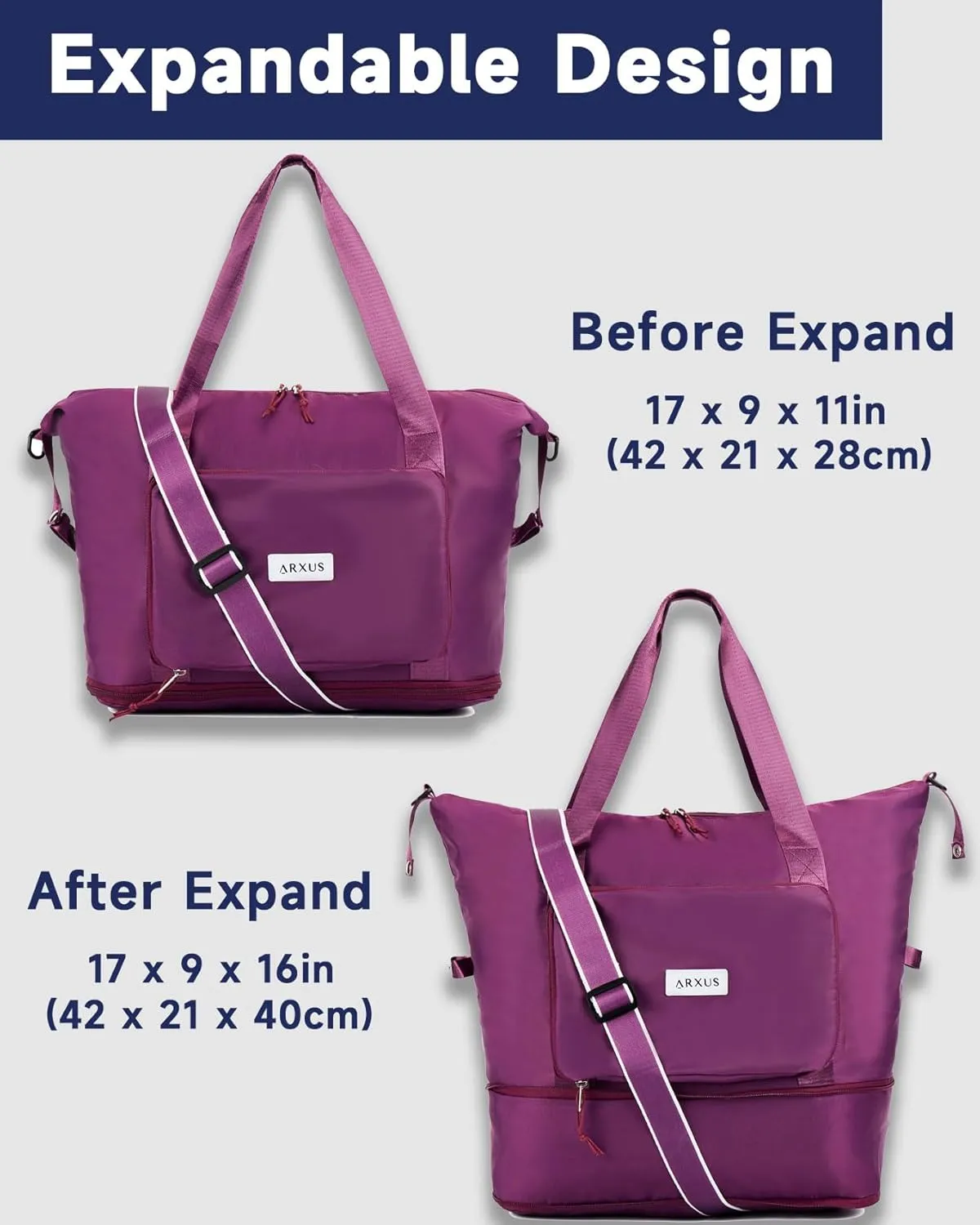 Folding Travel Bag Carry on Bags for Airplanes with Detachable Adjustable Shoulder Strap Light Weight Travel Duffle Bag for Women with Suitcase Sleeve 17x11x9 inch